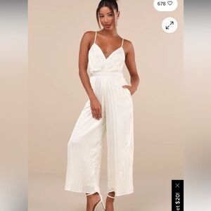 Lulu's Stellar Poise Ivory Pleated Satin Wide-Leg Jumpsuit Size Medium